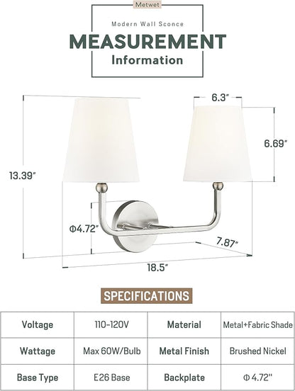 2-Light Bathroom Light Fixtures, Brushed Nickel Vanity Lights, Double Wall Sconce with Flared White Fabric Shade, Modern Sconces Wall Lighting for Hallway Bedroom Stairway, VL837-BN-2