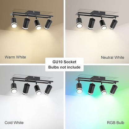 Ketom 4-Light Track Lighting Fixtures Ceiling, GU10 Black Led Ceiling Spotlight, Modern Track Light Kit for Kitchen Hallway Bedroom Living Room