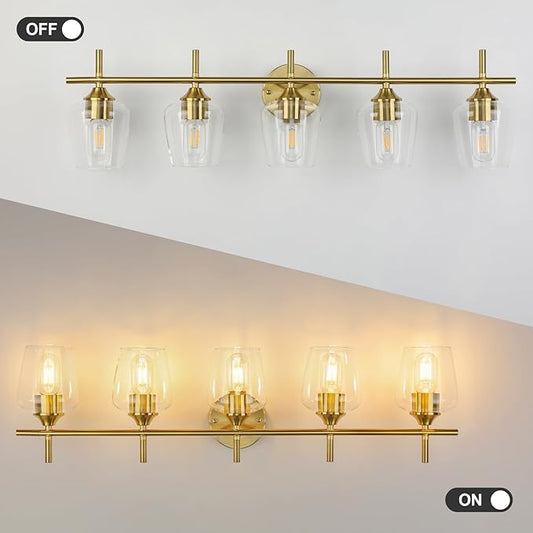 Bathroom Vanity Light, 5-Light Brushed Gold Modern Bathroom Light Fixtures with Clear Shades, Vanity Lighting Fixtures Over Mirror (Exclude Bulb)