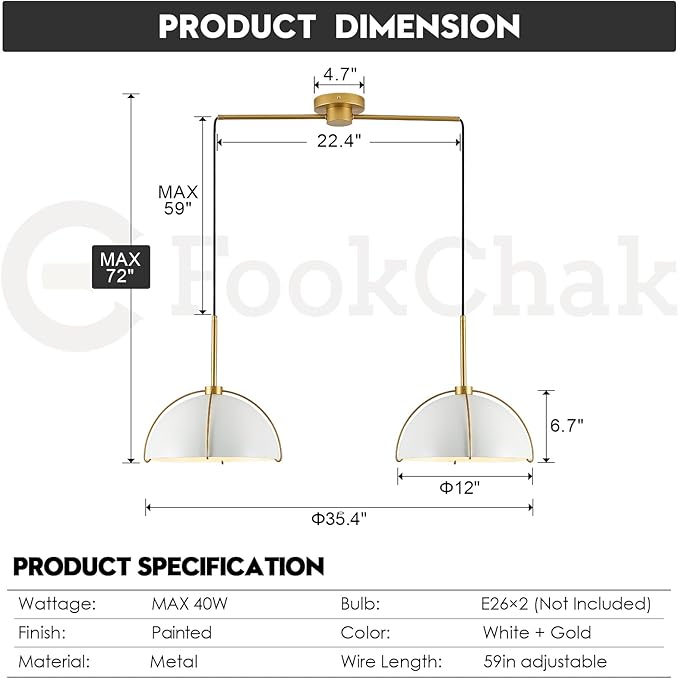 Contemporary White Gold Pendant Light Over Table 2-Light Nordic White Ceiling Pendant Light Fixture 36" Metal Dome Kitchen Island Light with Adjustable Cord for Dining Room