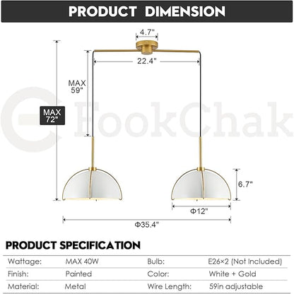 Contemporary White Gold Pendant Light Over Table 2-Light Nordic White Ceiling Pendant Light Fixture 36" Metal Dome Kitchen Island Light with Adjustable Cord for Dining Room