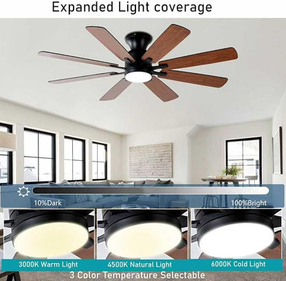 KNUN 52 Inch Ceiling Fan with Light, Low Profile Ceiling Fan with Remote and APP Control, 8 Blades, Noiseless, DC Motor, Flush Mount Ceiling Fans for Bedroom Living Room, Indoor/Outdoor Brown