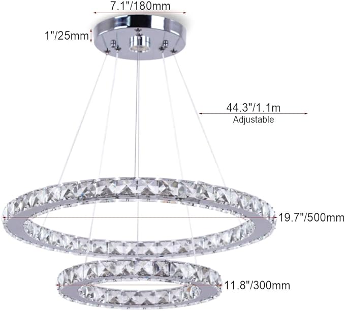 LED Chandelier Modern Contemporary 2 Rings Pendant Light Adjustable Stainless Steel Crystal Ceiling Lighting Fixture for Bedroom Living Room Dining Room (Warm White)