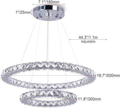 LED Chandelier Modern Contemporary 2 Rings Pendant Light Adjustable Stainless Steel Crystal Ceiling Lighting Fixture for Bedroom Living Room Dining Room (Warm White)