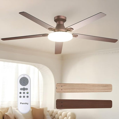 Passky Ceiling Fans with Lights, 60 inch Flush Mount Ceiling fan with Remote Control, Low Profile Ceiling Fan for Bedroom, Farmhouse, Reversible, 3CCT, Dimmable, Noiseless DC Motor, Brown