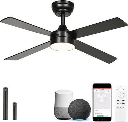 YITAHOME 48 Inch Black Ceiling Fan with Lights and Remote,4 Blades, App Control, Modern Smart Ceiling Fan Compatible with Alexa for Indoor, Reversible Quiet Motor, Memory Function