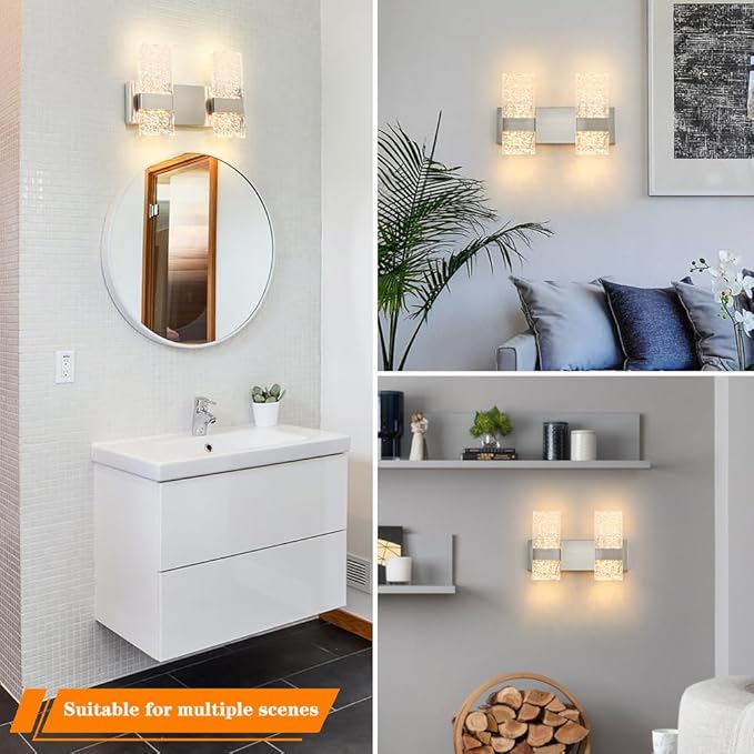 Modern Brushed Nickel 2 Lights Bathroom Vanity Light, LED Bathroom Light Fixtures Over Mirror, Dimmable Acrylic Wall Lighting Fixtures, Hardwired Wall Light(H9.25in, L13.78in)