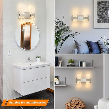 Modern Brushed Nickel 2 Lights Bathroom Vanity Light, LED Bathroom Light Fixtures Over Mirror, Dimmable Acrylic Wall Lighting Fixtures, Hardwired Wall Light(H9.25in, L13.78in)