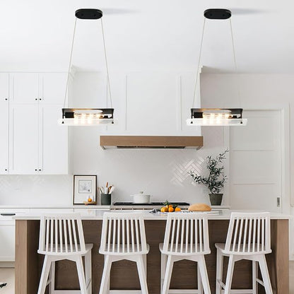 Black Linear Pendant Light, Adjustable Height Modern Chandelier with Glass Shade, Industrial Hanging Lighting Fixture for Kitchen Island, Dining Room, Cafe, Bar, Sink