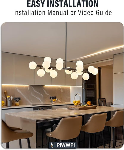 Glass Globe Sputnik Chandelier, 16-Light Mid Century Modern Light Fixture Over Table, Linear Chandeliers for Dining Room, Kitchen Island, Black and Milk White Bubble, 40 Inch, GC-02