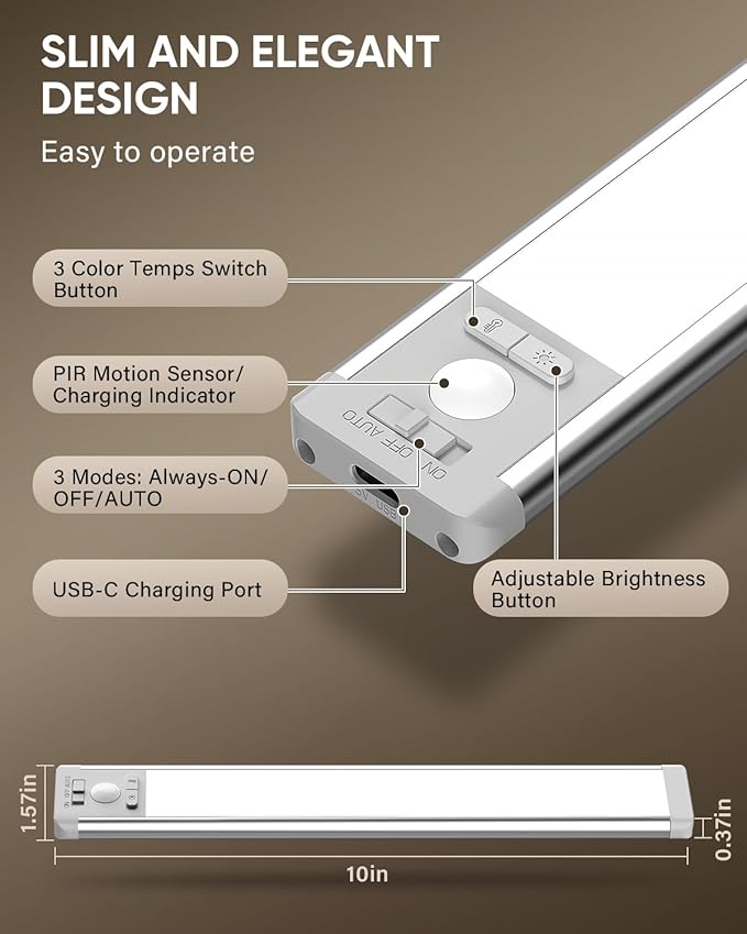 MCGOR 5 Pack 10inch Under Cabinet Lighting, Rechargeable Motion Sensor Light Indoor with 3 Color Temps, Dimmable Magnetic Led Closet Lights, Wireless Under Counter Lights for Kitchen, Stairs