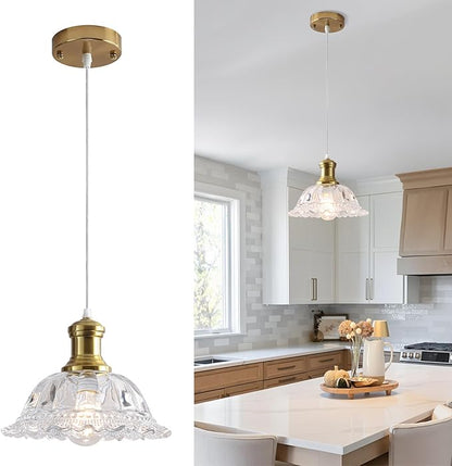 Gold Pendant Light, Vintage Pendant Light Fixture with Clear Glass Shade, Champagne Bronze Pendant Lighting for Kitchen Island, Dining Room, Bedroom, Living Room, Entryway, Hallway