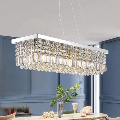 7PM Rectangle K9 Crystal Chandelier Modern Rectangular Pendant Light Fixture for Dining Room Kitchen Island Chrome L40 x W10 x H10