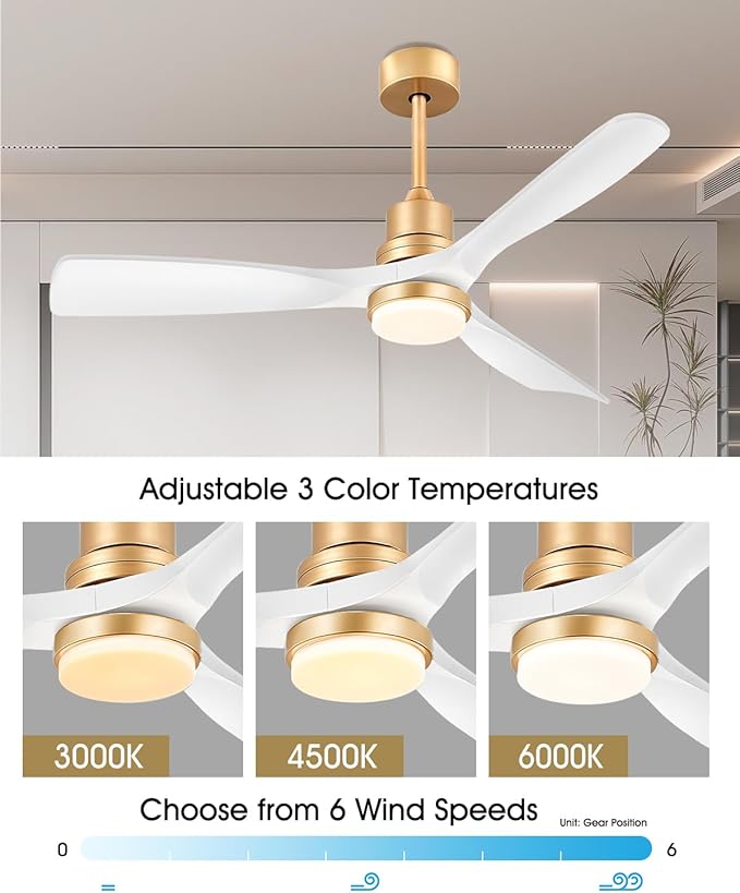 White and Gold Ceiling Fans with Lights and Remote, 52inch Modern Gold Ceiling Fan ETL Listed, 3 Downrods, 3 blades Gold Fan Reversible Quiet DC Motor, Timer,6-Speed for Outdoor Indoor,52in,White Gold