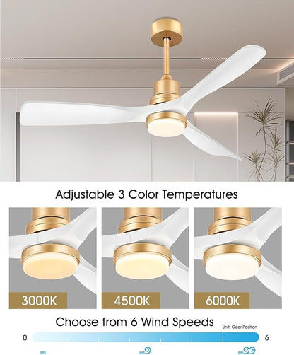 White and Gold Ceiling Fans with Lights and Remote, 52inch Modern Gold Ceiling Fan ETL Listed, 3 Downrods, 3 blades Gold Fan Reversible Quiet DC Motor, Timer,6-Speed for Outdoor Indoor,52in,White Gold