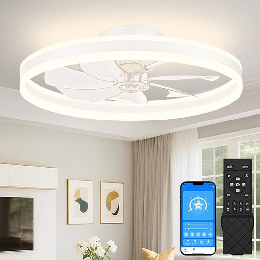 VOLISUN Low Profile Ceiling Fans with Lights and Remote, 27.6in Flush Mount Ceiling Fans with Light, 3000K-6500K Dimmable Fandelier LED Fan Light, White Bladeless Ceiling Fans with Lights for Bedroom
