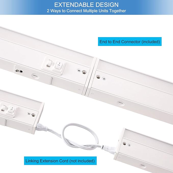 3 Color Level Dimmable LED Under Cabinet Task Lighting with ETL Listed, 3000K/3500K/4000K, Hardwired or Plugged-in, 16 inch 120V 10W 650 Lm, White Finished