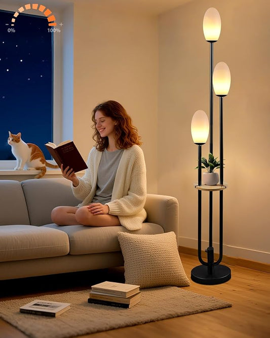 Black Dimmable Floor Lamp with Table, Unique Tall Standing Lamps with 3000K G9 Bulbs for Reading, Mid Century Modern Floor Lamp with 5Lbs Heavy Base for Living Room Bedroom Office