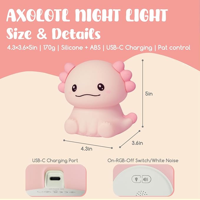 Cute Axolotl Night Light for Kids, 3 Adjustable Brightness Levels & 6 White Noise Sounds,Rechargeable Variable Color Axolotl lamp Gifts,Cute Room Decor Night Light for Kids Girls Boys