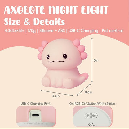 Cute Axolotl Night Light for Kids, 3 Adjustable Brightness Levels & 6 White Noise Sounds,Rechargeable Variable Color Axolotl lamp Gifts,Cute Room Decor Night Light for Kids Girls Boys
