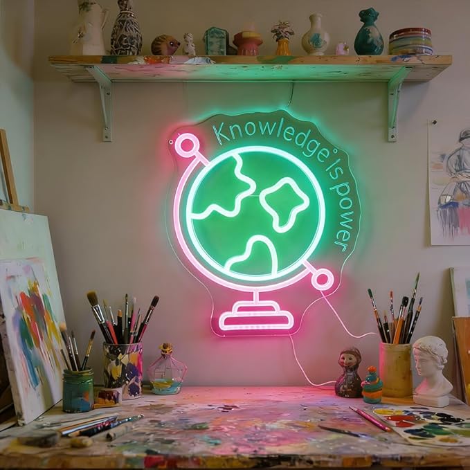 Nordstylee World Map Neon Light, 3D Globe LED Wall Sign in Pink Blue Green - Dimmable USB Powered Acrylic Light for Gaming Room, Kids Bedroom Decor, Cool Night Light Gift for Teens, Boys & Girls