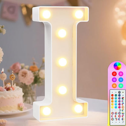 Pooqla Colorful Light Up Letters with Remote, Upgraded 35 Colors LED Marquee Letters, RGB Lighted Letter for Girls Teenager Gift, Birthday, Party, Wedding, Night Light, Room, Bedroom Decor, Letter I