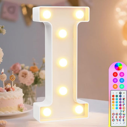 Pooqla Colorful Light Up Letters with Remote, Upgraded 35 Colors LED Marquee Letters, RGB Lighted Letter for Girls Teenager Gift, Birthday, Party, Wedding, Night Light, Room, Bedroom Decor, Letter I