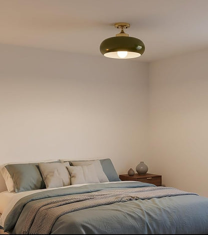 Dark Green Semi Flush Mount Ceiling Light Fixture, 11.02" Mid Century Modern Gold Close to Ceiling Light Fixture, Vintage Retro Ceiling Lamp for Bedroom Hallway Kitchen Entryway