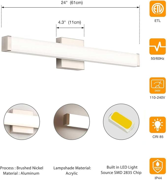 Bathroom Vanity Light Brushed Nickel Square LED 24 inch 14W 4000K Natural White Light Wall Bar Lighting Fixtures Over Mirror (Brushed Nickel, 24in)