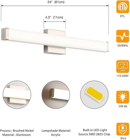 Bathroom Vanity Light Brushed Nickel Square LED 24 inch 14W 4000K Natural White Light Wall Bar Lighting Fixtures Over Mirror (Brushed Nickel, 24in)