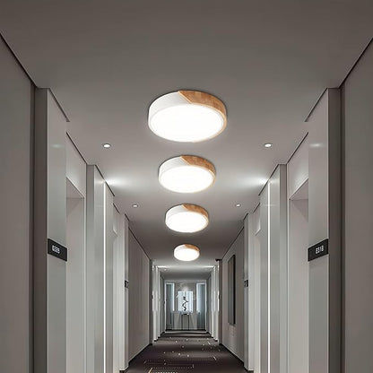 Flush Mount Ceiling Light, 12 inch LED Ceiling Light Fixture, Matte White with Wood, 4500K/24W(150w Equiv.), Not Dimmable Indoor Lighting Fixtures Ceiling for Bedroom and Hallway