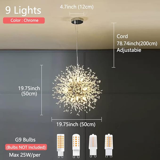Modern Crystal Chandeliers 9-Light Chrome Dandelion Light Fixture,Firework Chandelier,Personalized Ceiling Hanging Lighting for Bedroom,Dining Room,Kitchen,Aisle Chandelier