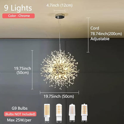 Modern Crystal Chandeliers 9-Light Chrome Dandelion Light Fixture,Firework Chandelier,Personalized Ceiling Hanging Lighting for Bedroom,Dining Room,Kitchen,Aisle Chandelier