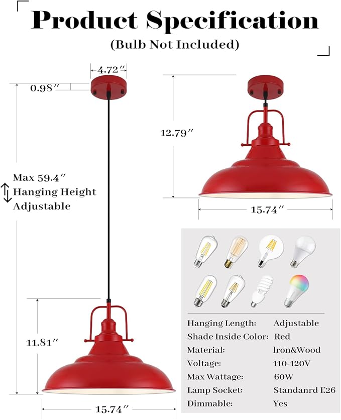 Red Pendant Light, 16 Inch Large Industrial Pendant Lights, Matte Red Pendant Lights Kitchen Island, Vintage Farmhouse Pendant Light for Kitchen Island, Dining Room, Hallway (1 Pack)