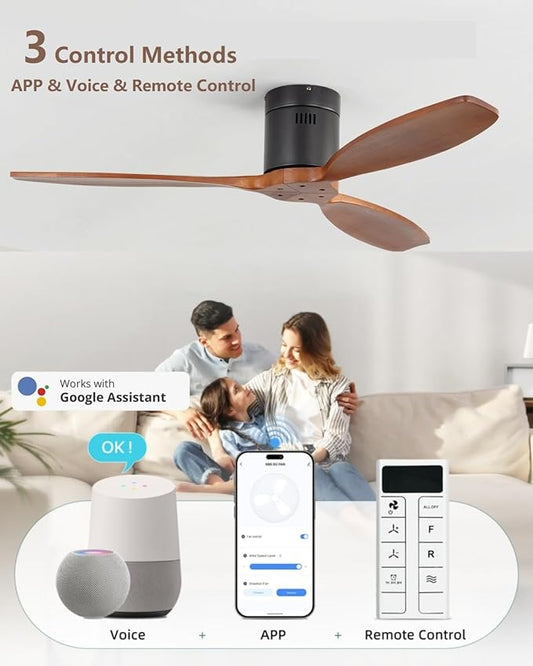 Sofucor 52 Inch Smart Ceiling Fans without Light-Modern Solid Wood Outdoor 3 Blades Ceiling Fan No Light APP Remotel Control for Bedroom Living Room Indoor Farmhouse Patio, DC Motor,Black Walnut