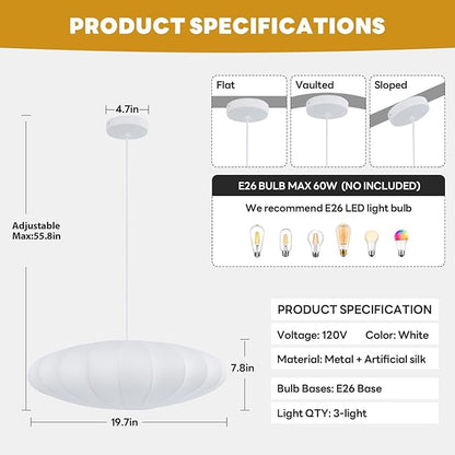 19.7in Lantern Pendant Light, 3-Light Imitation Silk White Bubble Pendant Lighting Fixture, Hanging Lamp Simple Chandelier for Living Dinning Room Kitchen Island Bedroom Restaurant Cafe