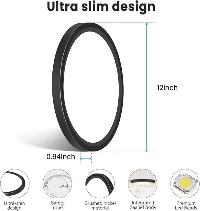 libtit 12 inch Flush Mount LED Ceiling Light Fixture, 3000K 4000K 6500K Adjustable, 28W 3200lm Black Round Lighting Fixtures for Bathroom Shower Hallway Kitchen, 2 Pack