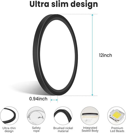 libtit 12 inch Flush Mount LED Ceiling Light Fixture, 3000K 4000K 6500K Adjustable, 28W 3200lm Black Round Lighting Fixtures for Bathroom Shower Hallway Kitchen, 6 Pack