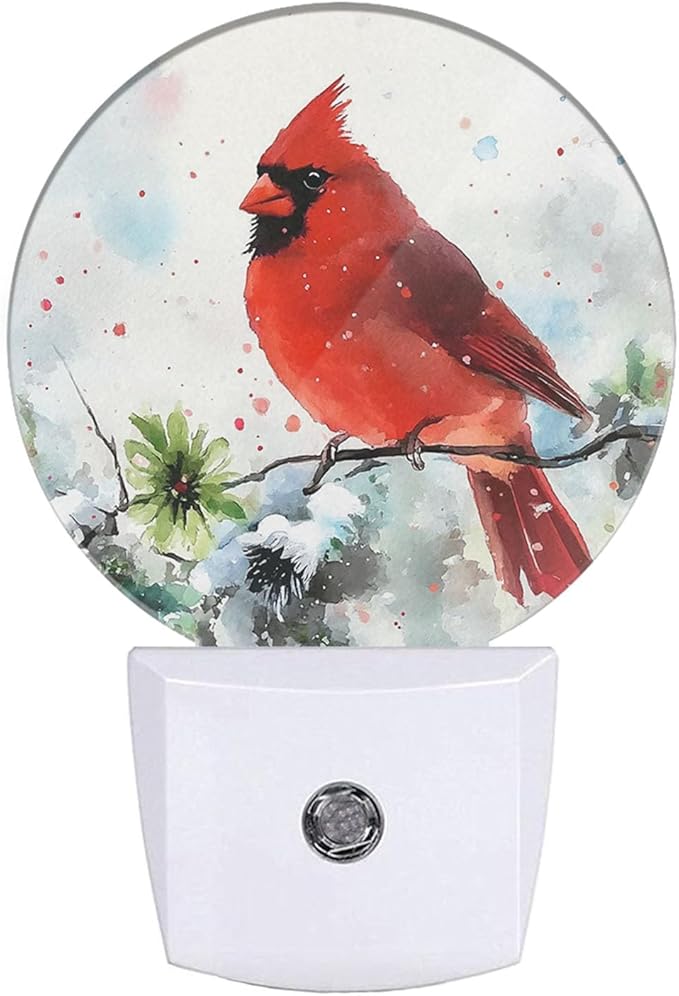 EKOBLA Watercolor Cardinal Night Light, Red Bird Cardinal on Branch Night Lights Plug Into Wall for Bedroom Bathroom Kitchen Hallway Stairs, Gifts Ideal for Girls Women