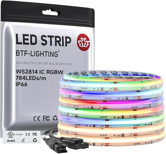 BTF-LIGHTING FCOB COB LED Strip Light IP66, WS2814 Smart IC RGBW 3000K Color Chasing Light, UL Listed DC24V 24FT 784LEDs/m High Density 10mm Width for Home Party DIY Decor(No Adapter or Controller)