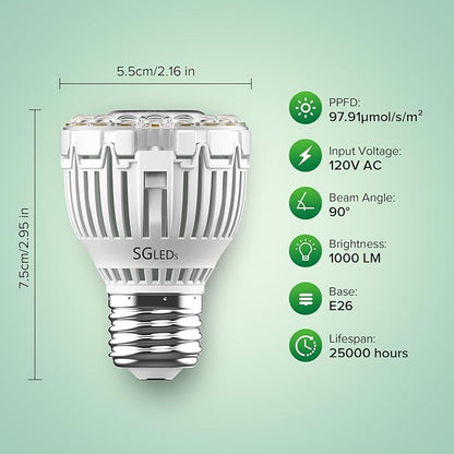 Dimmable Grow Light Bulb for Indoor Plants, Full Spectrum with Remote Control, Auto On Off Timing 4 8 12 Hrs, 10W PAR20 (150 Watt Equiv) Grow Lamp with Optical Lens for High PPFD, Energy Saving