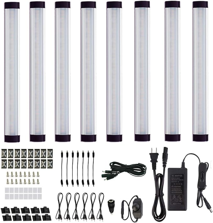 AIBOO LED Under Cabinet Lighting Kit, Plug in Strip Lights with Dimmer Switch for Kitchen Cabinet Counter, Closet, Bedroom Lighting（24w-8 Bars kit-2700K)