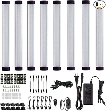 AIBOO LED Under Cabinet lighting Kit, Plug in Strip Lights with Dimmer Switch for Kitchen Cabinet Counter, Closet, bedroom lighting.（24w-8 bars kit-6000K）
