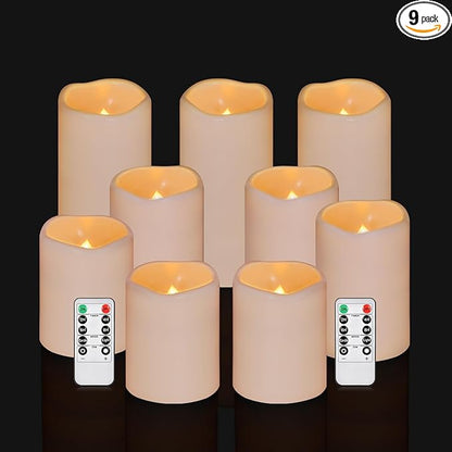Artmarry Flameless Candles 4" 5" 6" Set of 9 Ivory Waterproof Pillars 3" Diameter Battery Operated Flickering Candles Include 10-Key Remote Timer Function 400+ Hours by 2 AA Batteries (9 Pack)