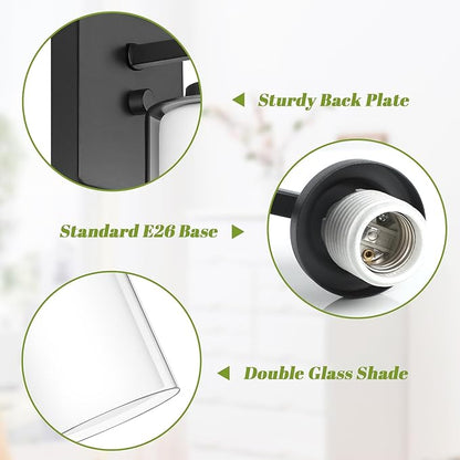 Set of 2 Wall Sconces for Bathroom, Modern Vanity Light Fixtures, Matte Black Wall Mount Lighting Lanterns, Farmhouse Wall Lights with Double Clear Glass Shade for Bedroom Living Room Mirror Hallway