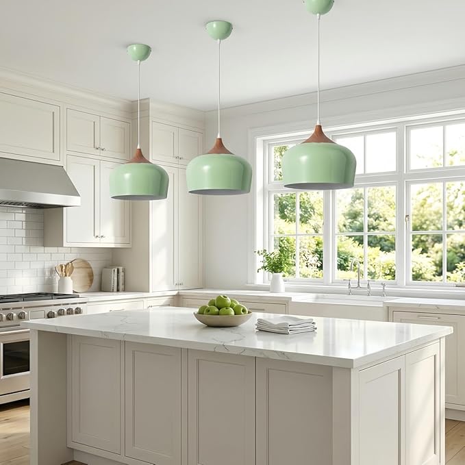 Modern Pendant Light Fxtures Kitchen, Hanging Light Fixtures Ceiling Mount, Wood Metal Shade Pendant Lamp for Dining Room, Bedroom, Living Room, Bathroom, Entryway, Small Chandelier, Pastel Green