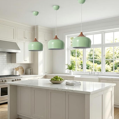 Modern Pendant Light Fxtures Kitchen, Hanging Light Fixtures Ceiling Mount, Wood Metal Shade Pendant Lamp for Dining Room, Bedroom, Living Room, Bathroom, Entryway, Small Chandelier, Pastel Green