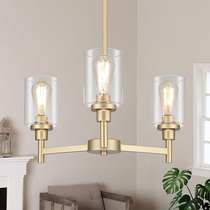 LIGHTDAMY 3-Lights Gold Chandeliers for Dining Room Light Fixture, Farmhouse Chandeliers Over Table, Hallway Lighting Fixtures with Glass Shade for Entryway Dining Room Kitchen Island Foyer