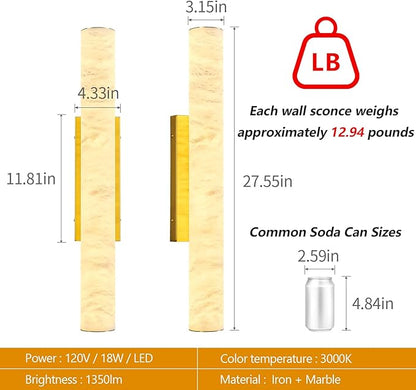 LMQNINE Natural Alabaster Wall Sconces Spanish Marble Wall Light Cylinder Modern Gold LED Sconce for Living Room Bedroom Bathroom Stairs（M-1Pack）