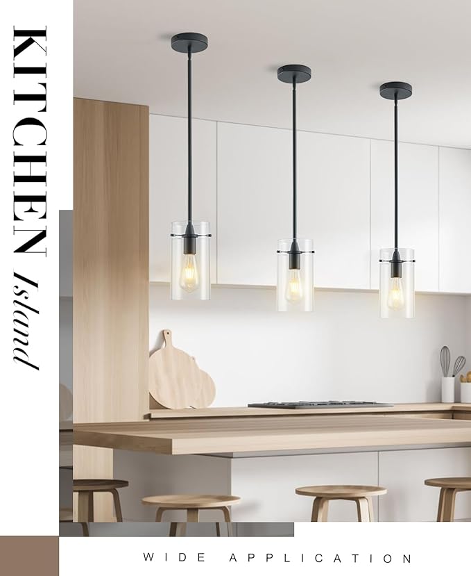 2 Pack Pendant Lights Kitchen Island, Adjustable Hanging Glass Pendant Light Fixtures, Matte Black Pendant Lights Kitchen Island, Modern Kitchen Pendant Lighting Over Island